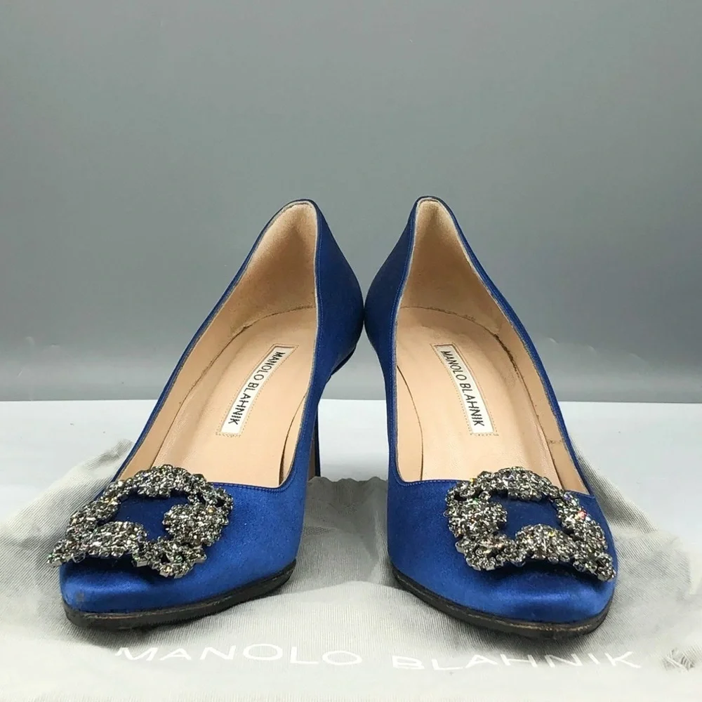 Manolo Blahnik Hangisi 70 Blue Satin Crystal Buckle Pumps 37.5 - Picture 4 of 7